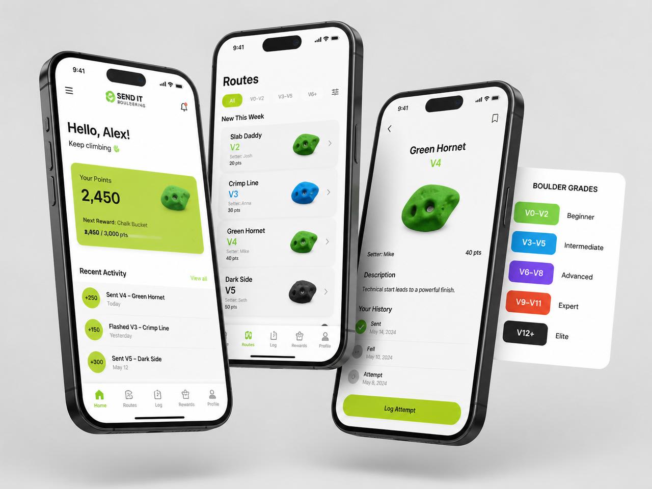 Boulderlicious loyalty app shown on three phones